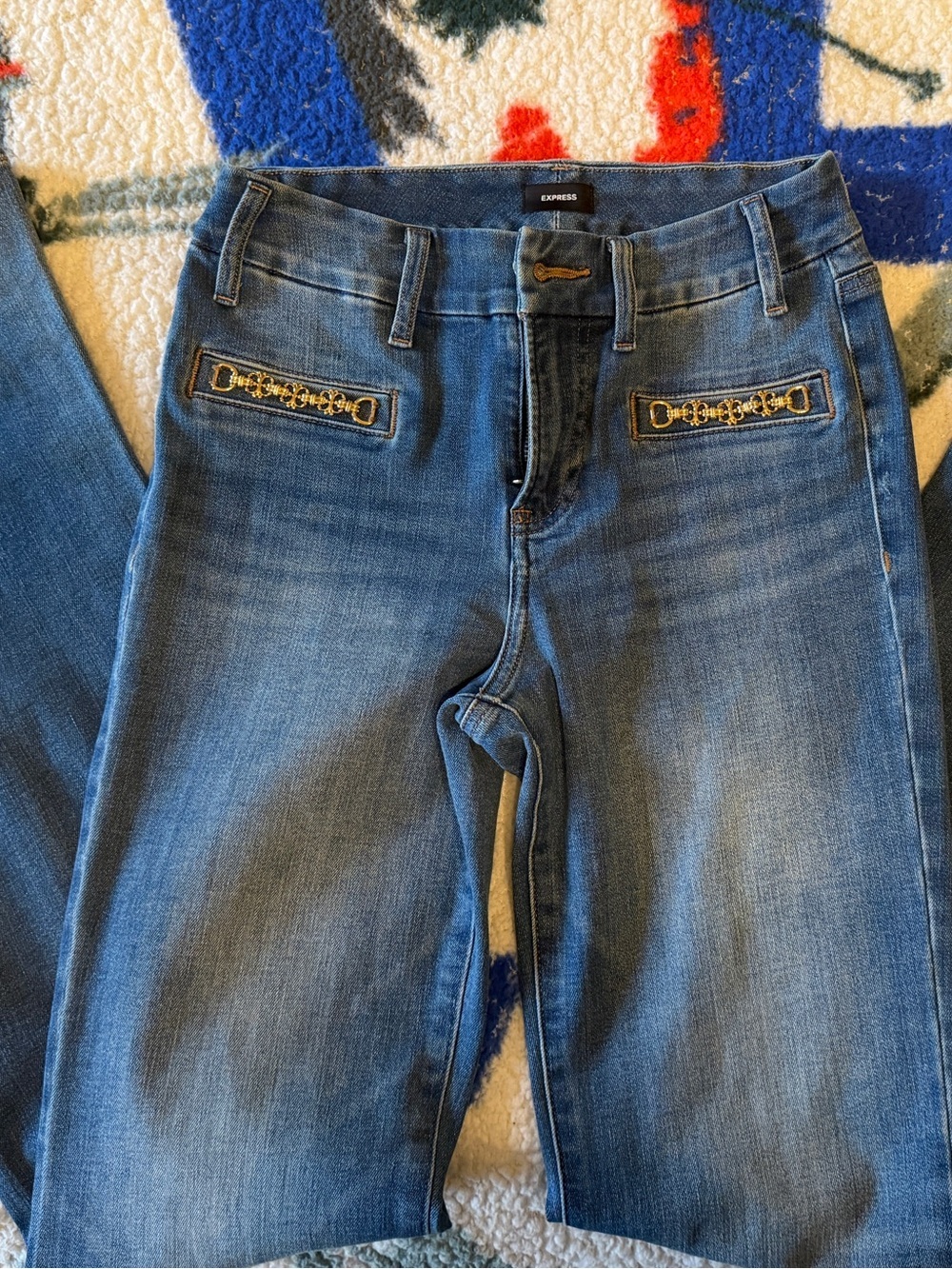 Express Women’s Skinny Jeans in Medium Blue with Gold Trim